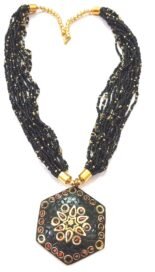 Trendy Seed Bead Necklace with Nepali Brass Pendant in Black