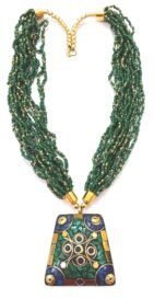 Trendy Seed Bead Necklace with Nepali Brass Green Pendant